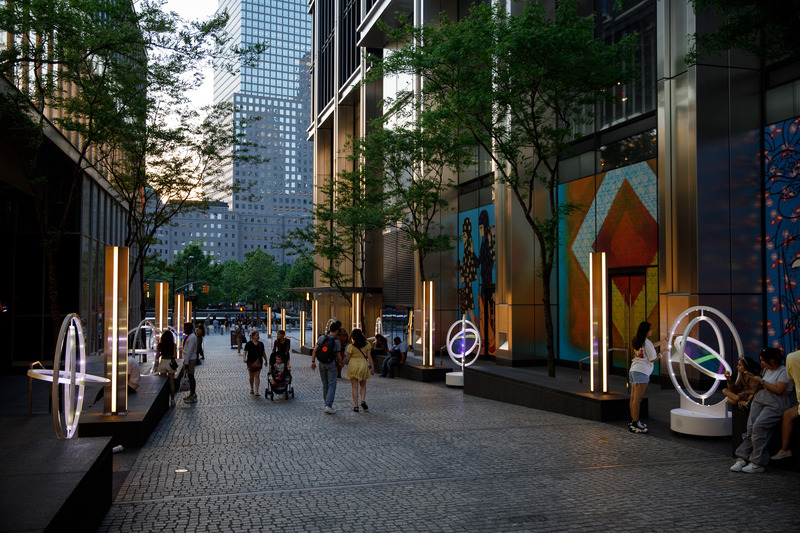 Press kit | 5595-08 - Press release | oPTIK, a New Interactive Sound and Light Installation in New York City - The Urban Conga - Art - Looking down Cortlandt Way at oPTIK.  - Photo credit: Sara Kerens