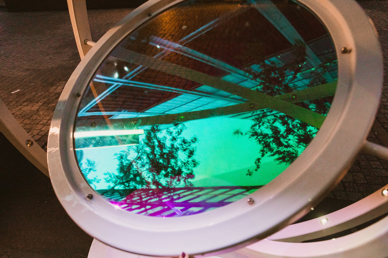 Press kit | 5595-08 - Press release | oPTIK, a New Interactive Sound and Light Installation in New York City - The Urban Conga - Art - oPTIK reflecting the surrounding city landscape.  - Photo credit: Savannah Lauren