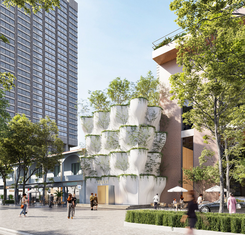 Dossier de presse | 7017-01 - Communiqué de presse | Thavi Cosmetic Showroom - SAVA - Architecture commerciale - Exterior facade with FRP planters. - Crédit photo : SAVA