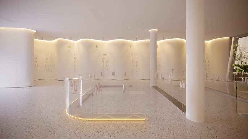 Dossier de presse | 7017-01 - Communiqué de presse | Thavi Cosmetic Showroom - SAVA - Architecture commerciale - Reception &amp; showroom - curve language continues into the showroom interior. - Crédit photo : SAVA