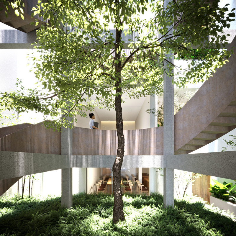 Dossier de presse | 7017-01 - Communiqué de presse | Thavi Cosmetic Showroom - SAVA - Architecture commerciale - Staircase garden courtyard to bring in an abundance of natural light. - Crédit photo : SAVA