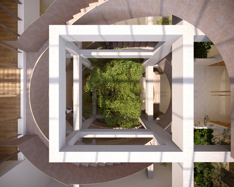 Dossier de presse | 7017-01 - Communiqué de presse | Thavi Cosmetic Showroom - SAVA - Architecture commerciale - Curved staircase with garden courtyard from top - Crédit photo : SAVA