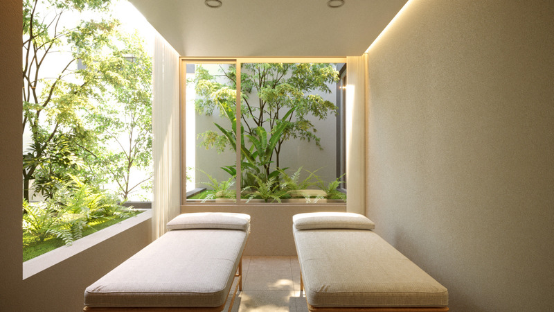 Dossier de presse | 7017-01 - Communiqué de presse | Thavi Cosmetic Showroom - SAVA - Architecture commerciale - VIP spa room surrounded by greenery - Crédit photo : SAVA