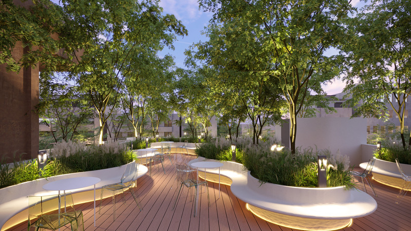 Dossier de presse | 7017-01 - Communiqué de presse | Thavi Cosmetic Showroom - SAVA - Architecture commerciale - Rooftop outdoor cafe surrounded by native plants and shrubs - Crédit photo : SAVA