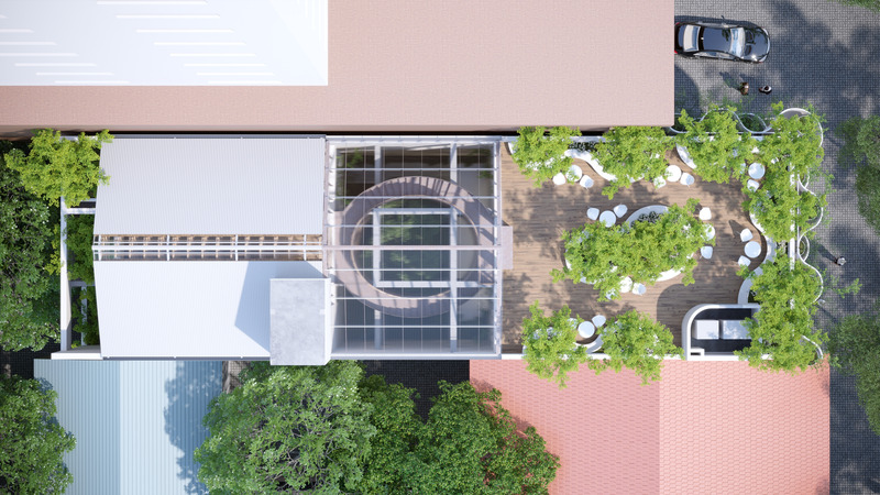 Dossier de presse | 7017-01 - Communiqué de presse | Thavi Cosmetic Showroom - SAVA - Architecture commerciale - Rooftop with 3 shelter conditions- open, half-covered, and covered. - Crédit photo : SAVA
