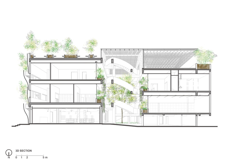 Dossier de presse | 7017-01 - Communiqué de presse | Thavi Cosmetic Showroom - SAVA - Architecture commerciale - 3D Section - front and back portion of showroom is connected by a curved metal staircase with skylight. - Crédit photo : SAVA