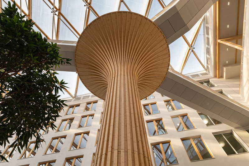 Dossier de presse | 1315-01 - Communiqué de presse | Timber Hybrid Office Ensemble EDGE Suedkreuz Berlin - TCHOBAN VOSS Architekten - Architecture commerciale - Detail of a tree platform.<br> - Crédit photo : HG ESCH