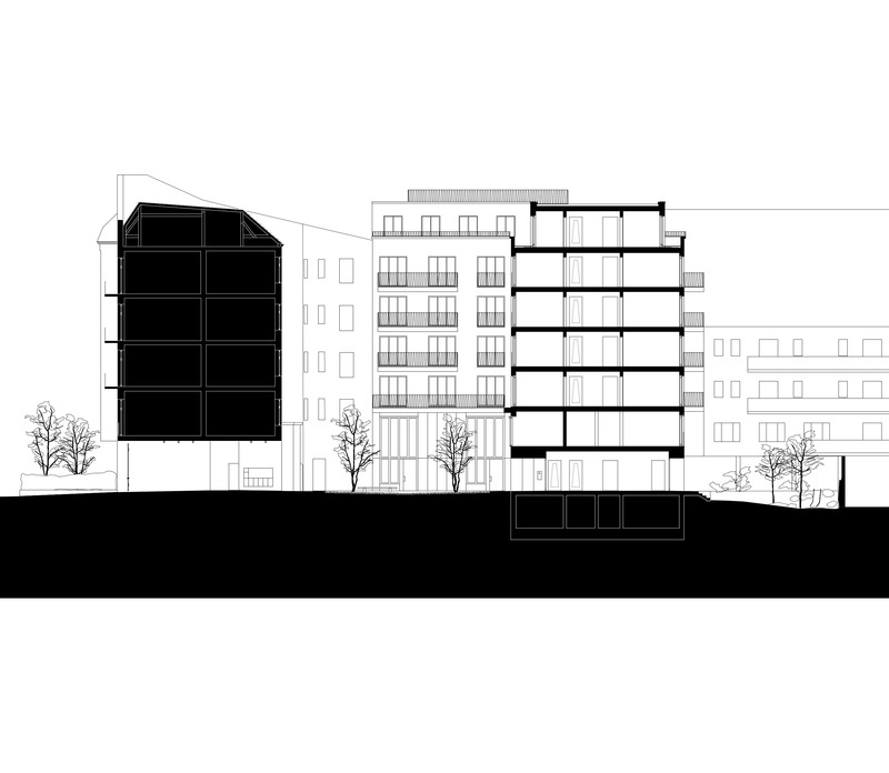 Dossier de presse | 6863-02 - Communiqué de presse | Urban Infill Berlin - Appels Architekten - Architecture résidentielle - <p>Section - Sequence of courtyards between the existing and new building.</p> - Crédit photo : © Appels Architekten