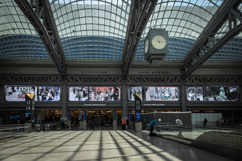 Press kit | 1089-10 - Press release | Moment Factory: 10 Years of Reimagining the Passenger Experience - Moment Factory - Institutional Architecture - Moynihan Train Hall, Pennsylvania Station, New York City | 2020 - Photo credit: Moment Factory