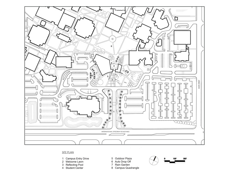 Dossier de presse | 2353-05 - Communiqué de presse | The L. Gale Lemerand Student Center Transforms the Daytona State College campus - ikon.5 architects - Architecture institutionnelle - Campus site plan illustrating the student center as a gateway from International Speedway Boulevard - Crédit photo : ikon.5 architects