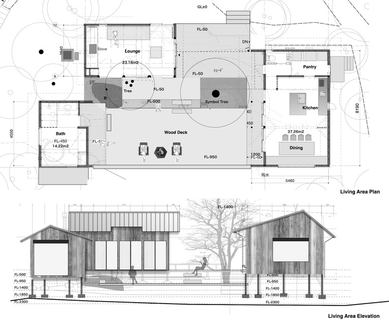 Dossier de presse | 7029-01 - Communiqué de presse | Sumu, Regenerative Life Studio, Receives International Recognition - tono Inc. - Architecture résidentielle - <p>Plan de salon</p> - Crédit photo : Tsukasa Ono