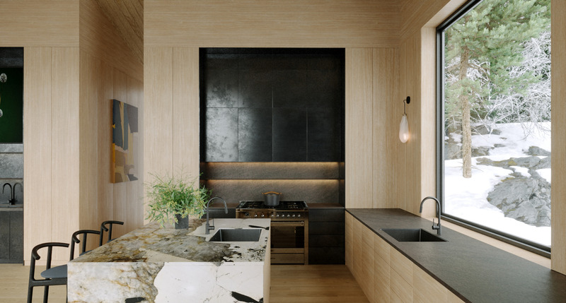 Dossier de presse | 7018-01 - Communiqué de presse | Los Angeles's Laney LA Redefining Contemporary Architecture with SQ Residence - Laney LA - Architecture résidentielle - <p class="">From the powerful, patagonia granite featured in the kitchen to the charred cedar siding, this residence is designed to be an embedded fragment of the mountain on which it rests</p> - Crédit photo :  Architecture: Laney LA<br>Interiors: HSH Interiors<br>Engineering: Riverstone Structural Concepts<br>Visualization: Negar Zahiri 