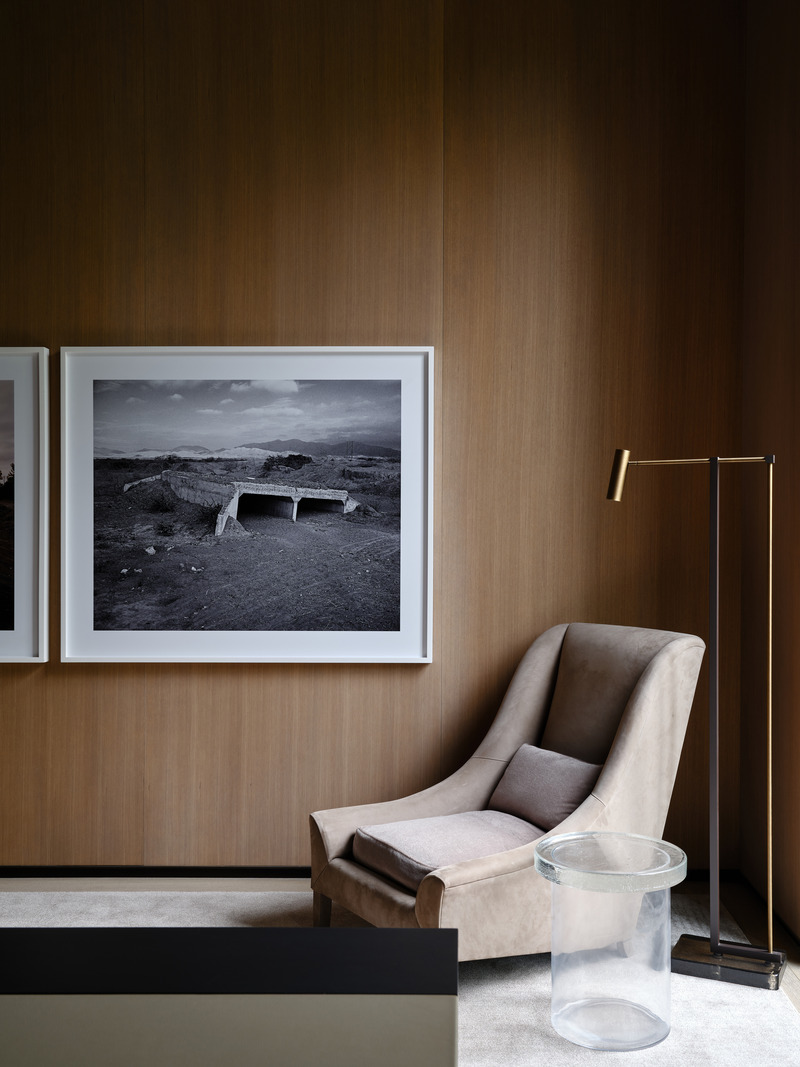 Dossier de presse | 889-07 - Communiqué de presse | Résidence Forest Hill - BURDIFILEK - Design d’intérieur résidentiel -  Bibliothèque. Photographies d'Andres Marroquin sur le mur du fond, photographie d'Irving Penn sur le mur de droite.  - Crédit photo : Doublespace