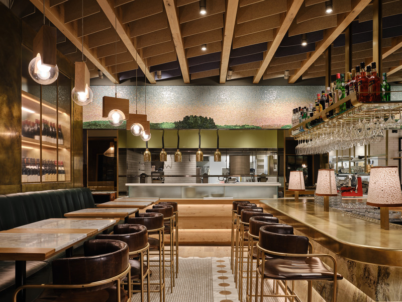 Dossier de presse | 1858-04 - Communiqué de presse | Stock T.C Transforms a Heritage Postal Station Into an Original Gastronomic Experience - Giannone Petricone Associates - Design d’intérieur commercial - Postage stamp decals are recalled in mosaic floor patterns, while envelope liners inspired the bar lamp shapes, and clerical filing cabinets cued the felt baffle ceiling.<br style=""> - Crédit photo : Doublespace