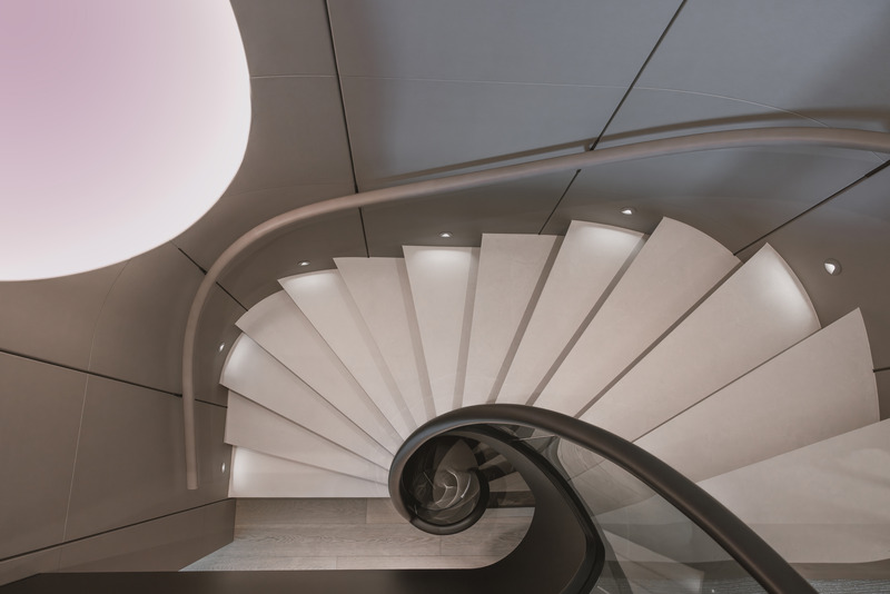 Press kit | 889-06 - Press release | BURDIFILEK Sets Sail Into the World of Luxury Yachting With Entourage - BURDIFILEK - Residential Interior Design - The stairwell was designed to resemble an unravelling ribbon coming down from above. - Photo credit: Guillaume Plisson
