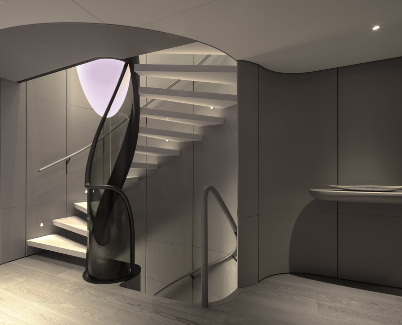 Press kit | 889-06 - Press release | BURDIFILEK Sets Sail Into the World of Luxury Yachting With Entourage - BURDIFILEK - Residential Interior Design - The spiral staircase was created as a sculptural work of art. - Photo credit: Guillaume Plisson