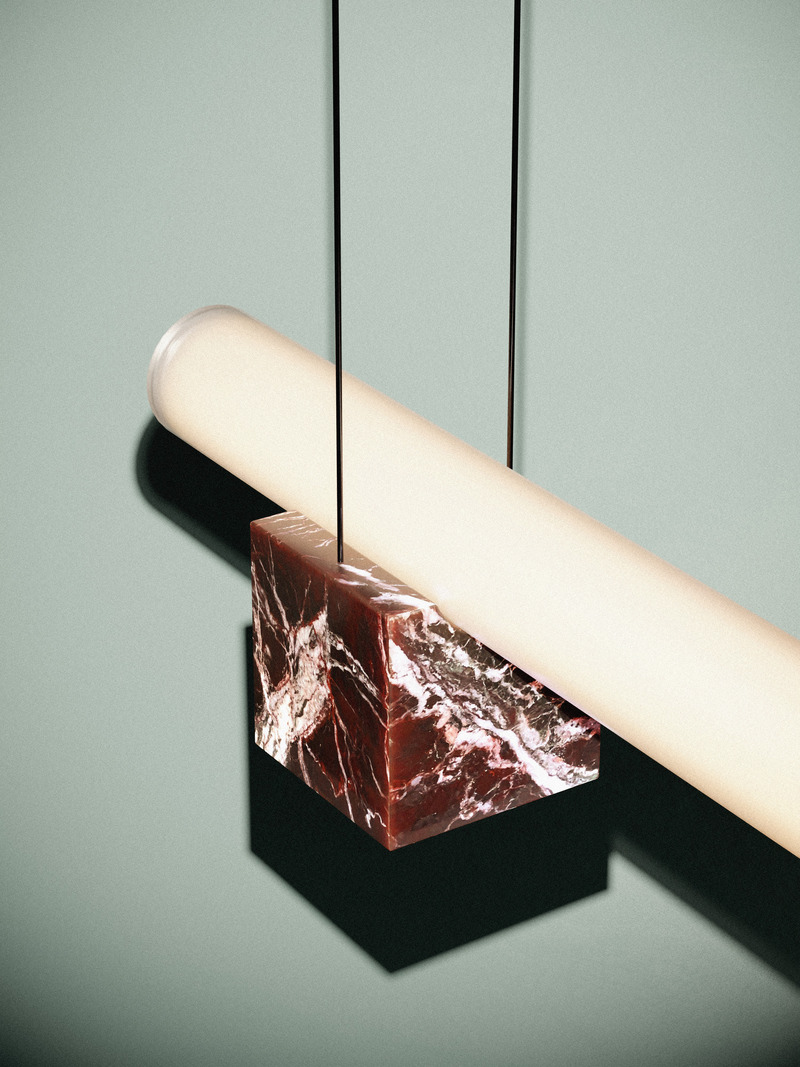 Press kit | 1619-09 - Press release | Isle Collection Officially Launches in the Universe of Bruises Gallery - Lambert & Fils and Bruises Gallery - Lighting Design - etails - Red Levanto marble - Photo credit: Darius Laprise