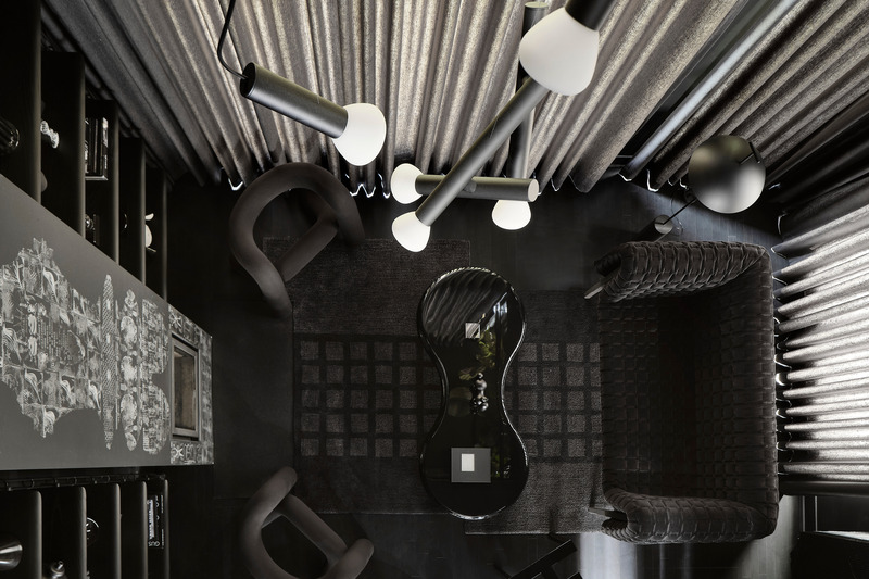 Dossier de presse | 611-38 - Communiqué de presse | La Maison Noire - Index-Design - Design d’intérieur résidentiel - Tapis : Will Choui<br>Fauteuils : Moustache<br>Foyer : Stûv America<br>Luminaire : Lambert &amp; Fils - Crédit photo : Maxime Brouillet