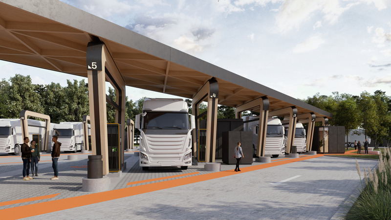 Dossier de presse | 3835-01 - Communiqué de presse | Proof of the Sum Designs European Site Concept for Electric Freight Transport - Proof of the sum - Architecture commerciale - Day view on charging bays - Crédit photo : Proof of the sum