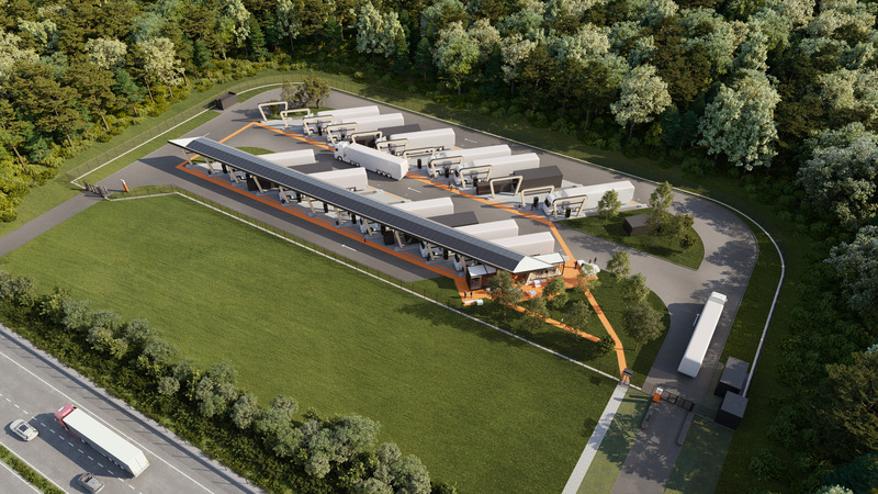 Dossier de presse | 3835-01 - Communiqué de presse | Proof of the Sum Designs European Site Concept for Electric Freight Transport - Proof of the sum - Architecture commerciale - Aerial overview of blueprint location  - Crédit photo : Proof of the sum