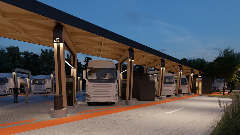 Dossier de presse | 3835-01 - Communiqué de presse | Proof of the Sum Designs European Site Concept for Electric Freight Transport - Proof of the sum - Architecture commerciale - Night view of charging bays - Crédit photo : Proof of the sum