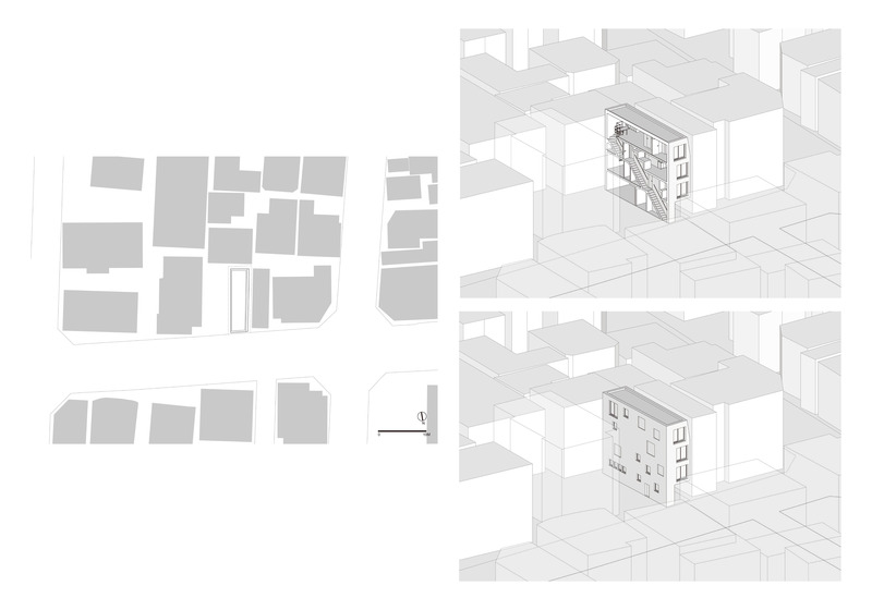 Dossier de presse | 3153-04 - Communiqué de presse | Tokyo's Compact Site: Staircase-Linked Layered Housing by Ryuichi Sasaki Architecture - Ryuichi Sasaki Architecture - Architecture résidentielle - PLAN DU SITE, AXONOMÉTRIQUE - Crédit photo : Ryuichi Sasaki Architecture