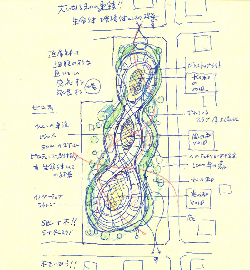 Dossier de presse | 7488-01 - Communiqué de presse | MORI no KAISHO: Meeting Place of Forest - Tetsuo Kobori Architects + Daiwa House Industry Co., Ltd. + Fujita Corporation - Architecture institutionnelle - Sketch - Crédit photo : Tetsuo Kobori Architects