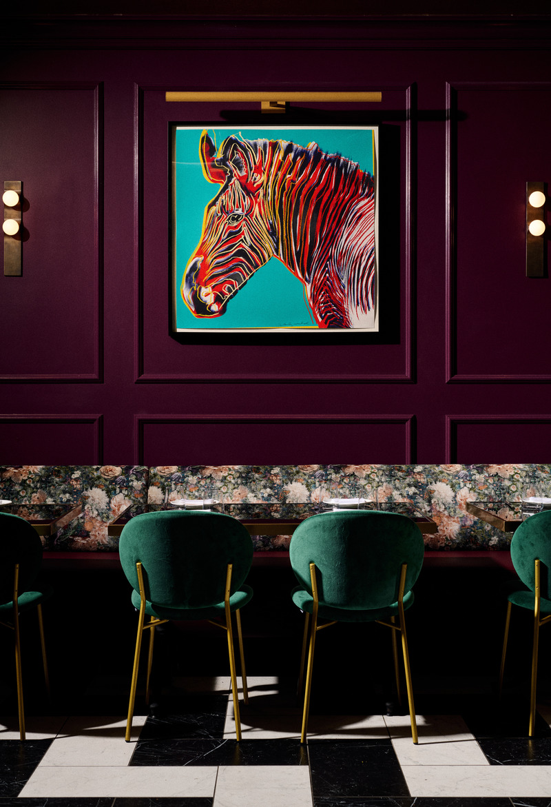 Press kit | 5857-04 - Press release | Studio UNLTD Unveils Design of Cino Restaurant - Studio UNLTD - Commercial Interior Design - Deep mulberry is the dominant color in the main dining room.  - Photo credit: Chris Rohrer