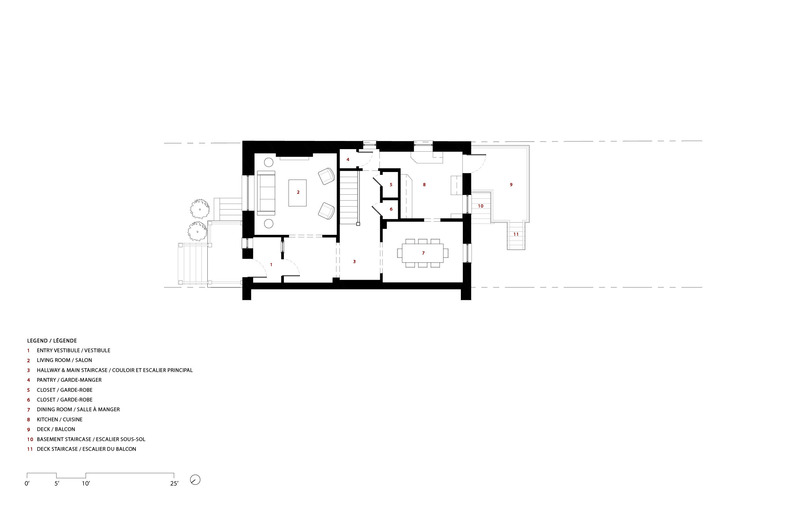Dossier de presse | 2054-03 - Communiqué de presse | Résidence Grey - RobitailleCurtis - Architecture résidentielle -  Plan du rez-de-chaussée (avant) - Crédit photo : RobitailleCurtis