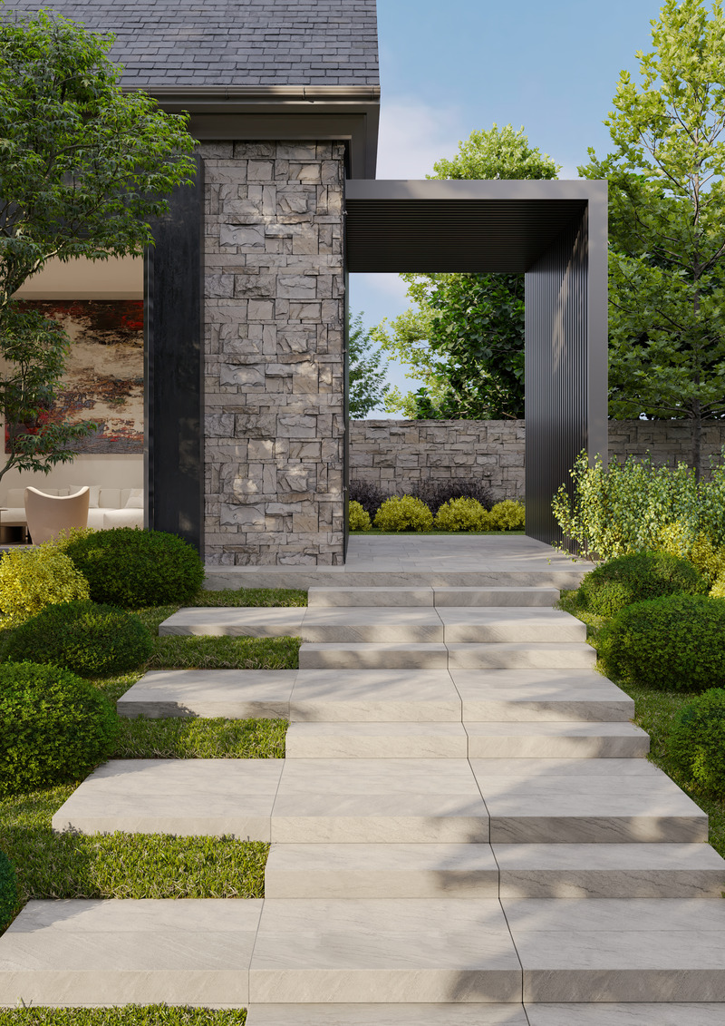 Press kit | 2634-03 - Press release | Techo-Bloc Unveils this Year’s Leading Trends Through New Product and Color Launches - Techo-Bloc - Landscape Architecture - New Natural Stone Step - Photo credit: Techo-Bloc