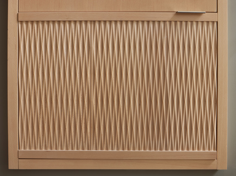 Press kit | 1015-03 - Press release | Bainbridge House - FINNE Architects - Residential Architecture - Detail of custom milled cabinet panel - Photo credit: Benjamin Benschneider