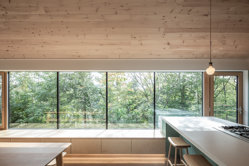 Dossier de presse | 2054-04 - Communiqué de presse | Chalet Papillon - RobitailleCurtis - Architecture résidentielle -  Vue estivale de la canopée des arbres à travers une large fenêtre depuis la salle à manger &amp; la cuisine; vue vers l'Ouest - Crédit photo : Adrien Williams