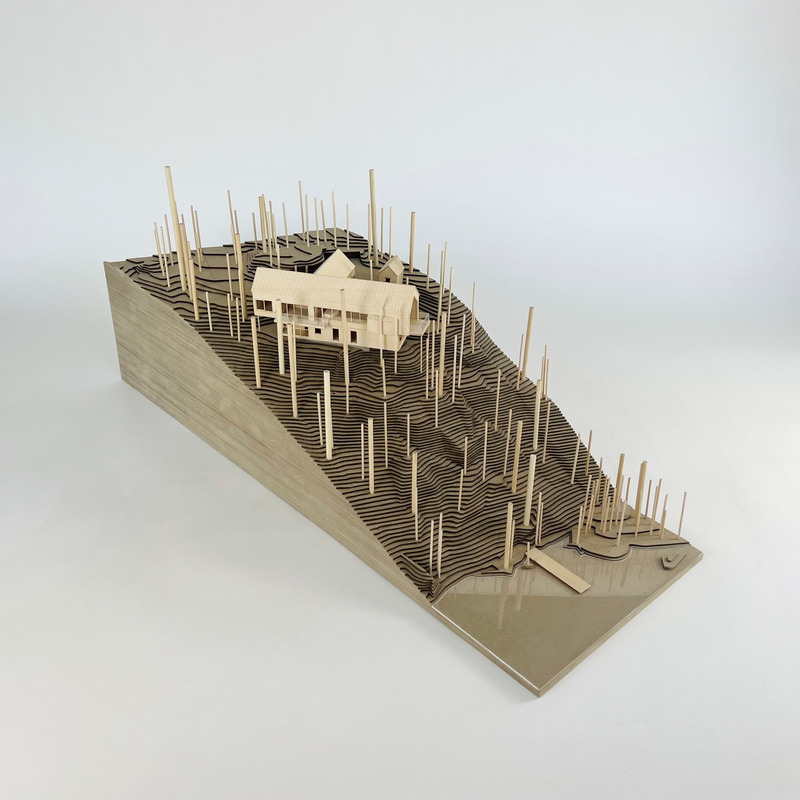 Dossier de presse | 2054-04 - Communiqué de presse | Chalet Papillon - RobitailleCurtis - Architecture résidentielle -  Maquette - vue aérienne; vue vers le Nord-Est - Crédit photo : RobitailleCurtis