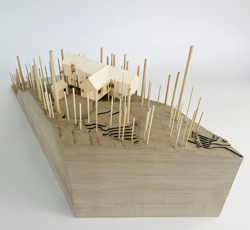 Dossier de presse | 2054-04 - Communiqué de presse | Chalet Papillon - RobitailleCurtis - Architecture résidentielle -  Maquette - vue aérienne depuis l'allée véhiculaire; vue vers le Sud - Crédit photo : RobitailleCurtis