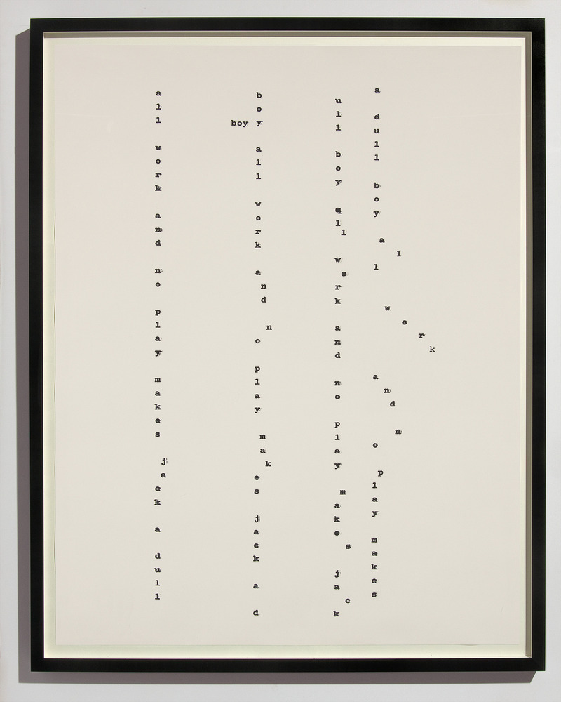 Dossier de presse | 748-49 - Communiqué de presse | Le Centre de design de l’UQAM et VOX présentent ART + TYPO : une exposition sur le lien étroit et intrigant entre l’art et la typographie - Centre de design de l'UQAM - Évènement + Exposition - <p>Klaus Scherübel<br> Jack Torrance’s All Work and No Play  #23<br> 2006-2008  </p>Impression à encre pigmentée sur papier, encadrement <br style=""><br> - Crédit photo : Michel Brunelle