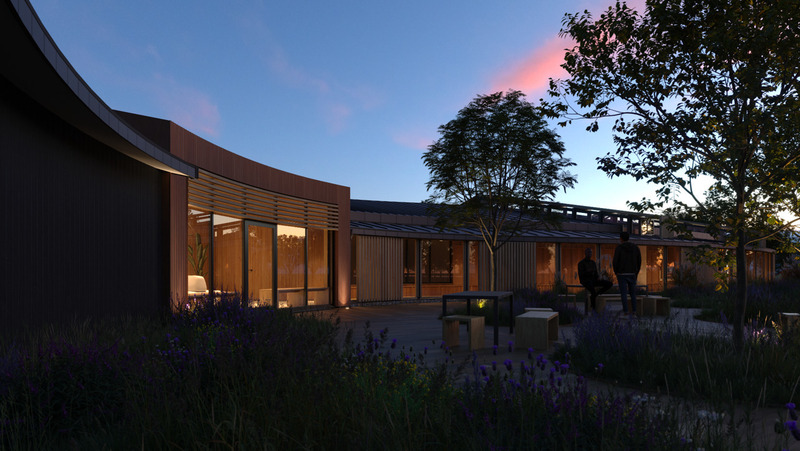 Dossier de presse | 5700-01 - Communiqué de presse | Digital Orchard - Atelier Architecture & Design - Architecture commerciale - Courtyard at Dusk - Crédit photo : Agami Visual