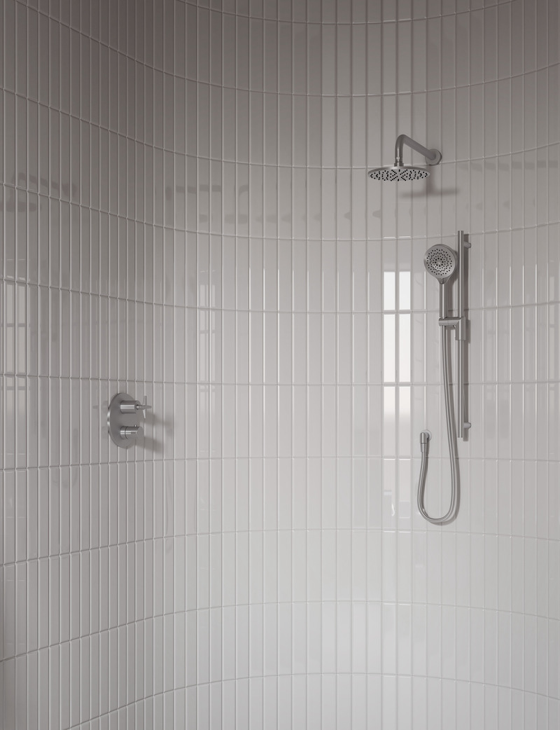 Dossier de presse | 6526-01 - Communiqué de presse | Collection Lexa - Rubi - Produit - Ensemble de douche, Nickel brossé - Crédit photo : Rubi