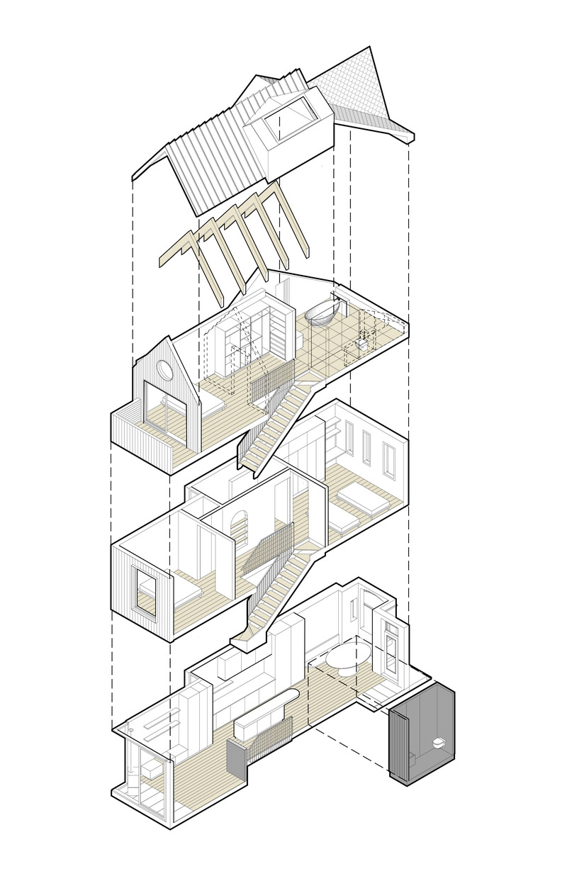 Dossier de presse | 7516-01 - Communiqué de presse | House Caroline - Reign Architects - Architecture résidentielle - Exploded Axonametric - Crédit photo :  Reign Architects 