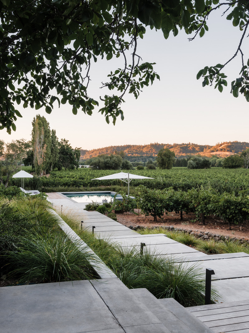 Dossier de presse | 2757-40 - Communiqué de presse | MDa Redefines Wine Country Living With This Idyllic Barn Retreat - Malcolm Davis Architecture (MDa) - Architecture résidentielle - MDa worked closely with Lucas &amp; Lucas Landscape Architecture to lay out the new pool and poured concrete stairs, which had been previously disjointed from the main residence. - Crédit photo : Joe Fletcher