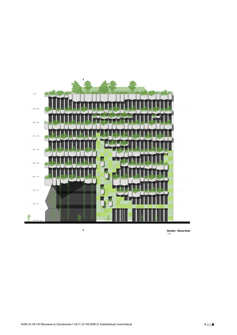 Dossier de presse | 1139-07 - Communiqué de presse | Green-up: The Łukasiewicz Research Network Headquarters - FAAB - Architecture commerciale - Elevation - Żelazna Street - Crédit photo : FAAB