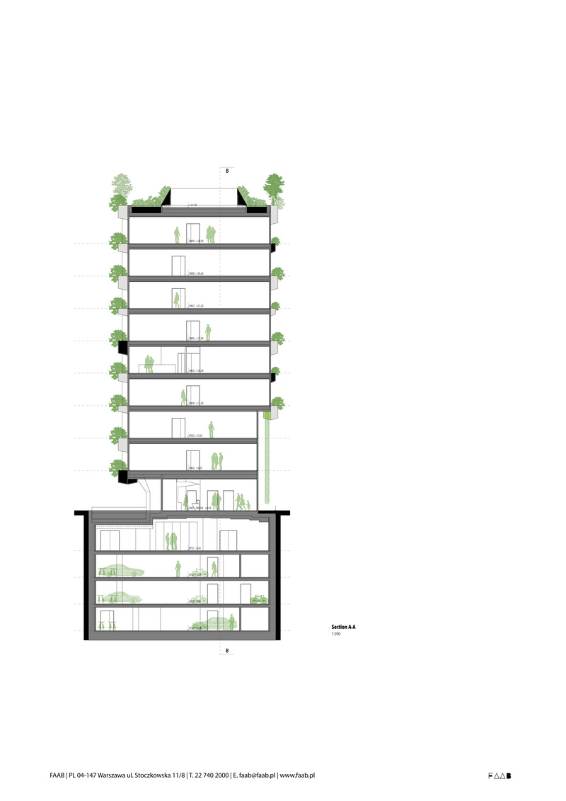 Dossier de presse | 1139-07 - Communiqué de presse | Green-up: The Łukasiewicz Research Network Headquarters - FAAB - Architecture commerciale - Section A-A - Crédit photo : FAAB