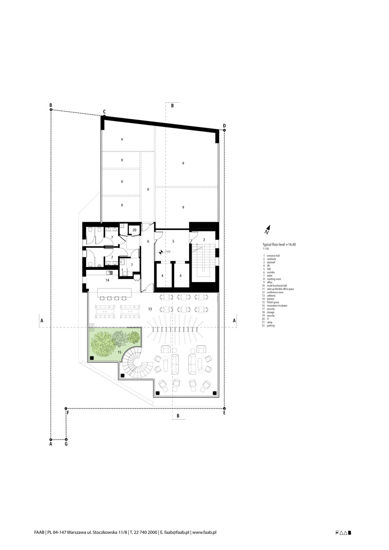 Dossier de presse | 1139-07 - Communiqué de presse | Green-up: The Łukasiewicz Research Network Headquarters - FAAB - Architecture commerciale - Typical floor level +14,40 - Crédit photo : FAAB