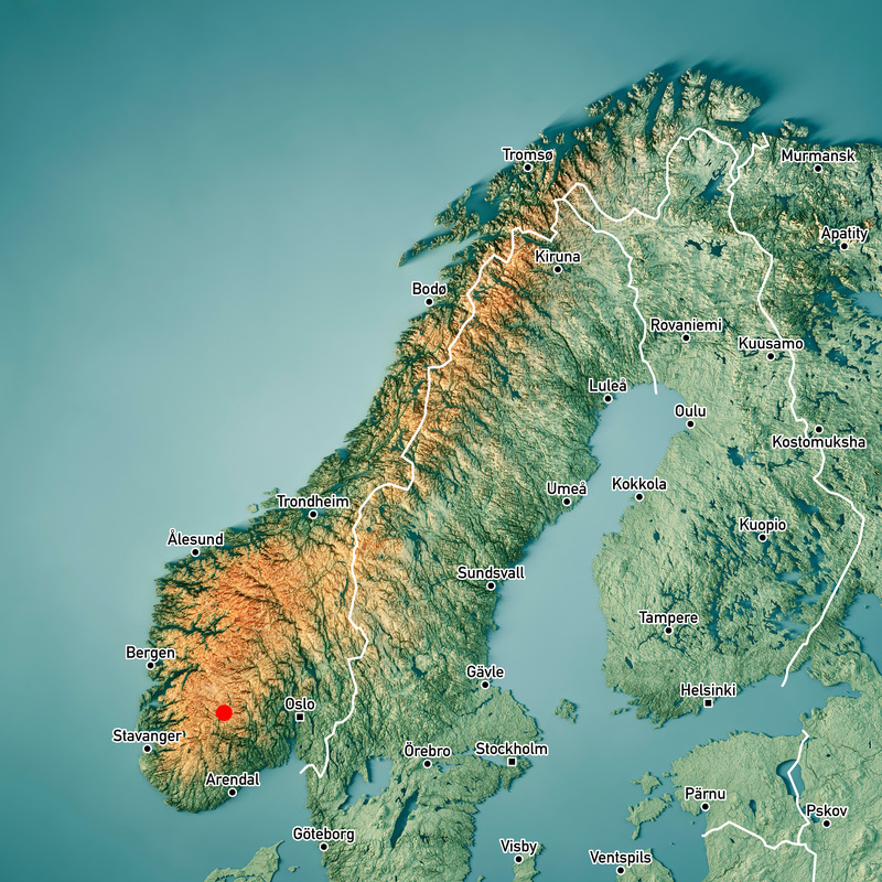 Dossier de presse | 5700-02 - Communiqué de presse | Norsk Retreat - Atelier Architecture & Design - Architecture résidentielle - Map of Norway with the site in red - Crédit photo : AA+D
