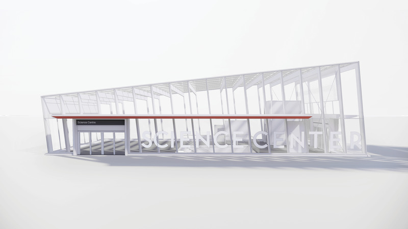 Dossier de presse | 718-05 - Communiqué de presse | Eglinton Crosstown LRT : Rehausser la qualité du design dans l'espace public - Daoust Lestage Lizotte Stecker Benech - Architecture institutionnelle - Le pavillon de verre incliné est l'expression la plus iconographique des stations. - Crédit photo :  Daoust Lestage Lizotte Stecker Benech