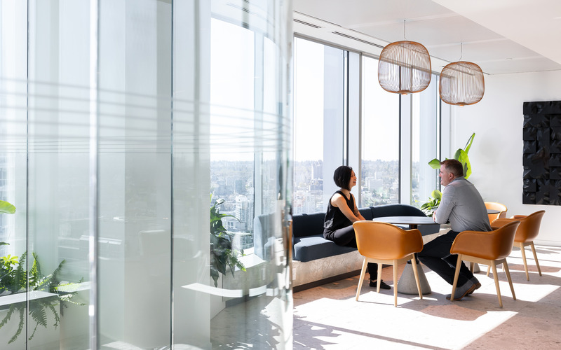 Press kit | 5571-03 - Press release | Vancouver's Newest Office in Top Tier Tower: Sandstorm HQ - Edit Studios Inc. - Commercial Interior Design - Lounge Look Out - Photo credit: Brett Ryan