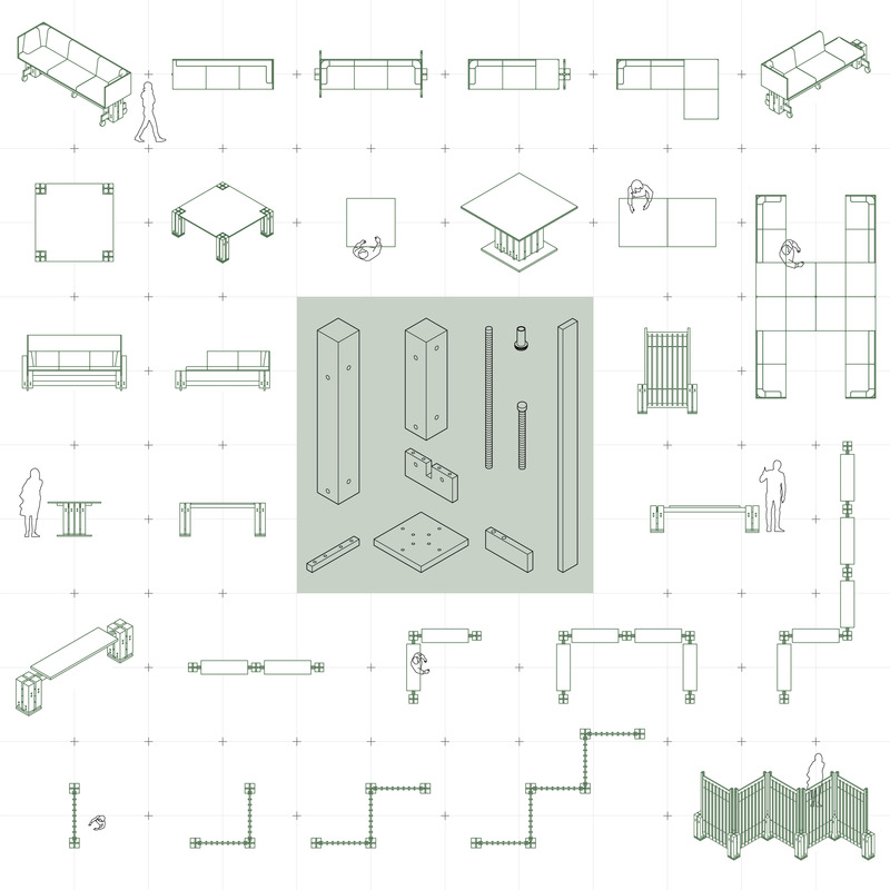Dossier de presse | 5407-01 - Communiqué de presse | Esquel Innovation & Incubation Village Wins Audience Favorite in 2024 A+Awards, Dominating Prefab and Modular Architecture Category - Studio RYTE - Design industriel - Ces composants façonnent « l’espace ». Ce réseau complexe d’éléments permet diverses configurations en termes de longueur, de hauteur et de fonction, permettant au mobilier de s’adapter à différents besoins et espaces. - Crédit photo : Studio RYTE