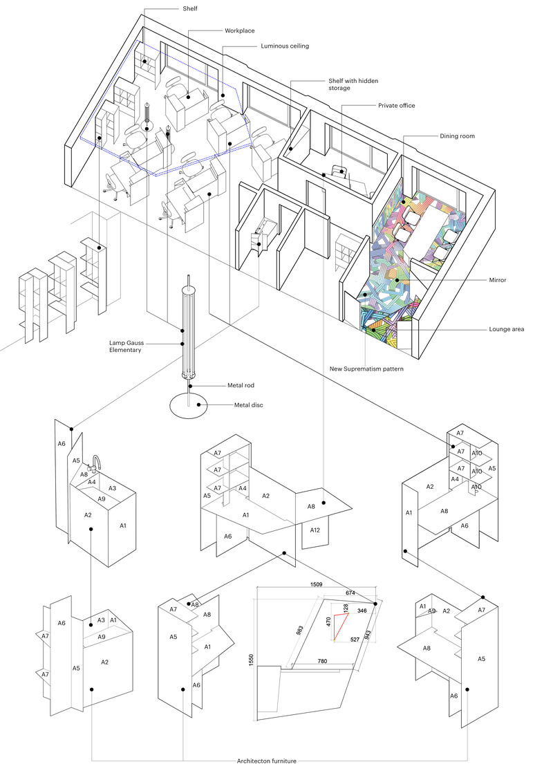 Dossier de presse | 2247-11 - Communiqué de presse | SLAVA 2024: Maxim Kashin Continues his New Direction in Interior Design, Rooted in the Principles of Suprematism - Maxim Kashin Architects - Design d’intérieur commercial - Suprematist interior concept, architecton furniture - Crédit photo :  Maxim Kashin Architects 