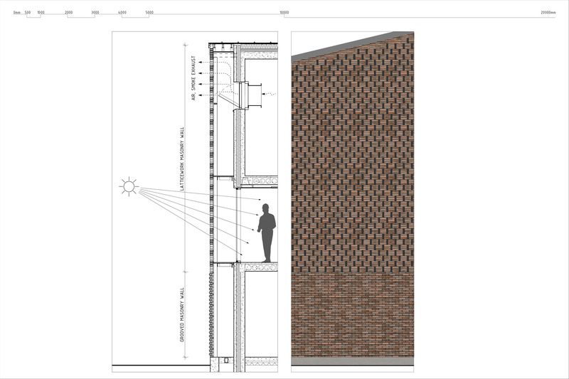 Dossier de presse | 5706-02 - Communiqué de presse | Tammisto Electricity Substation - Kivinen Rusanen Architects - Architecture industrielle - Wall section through lattice brickwork and partial facade drawing<br style=""> - Crédit photo : Kivinen Rusanen Architects