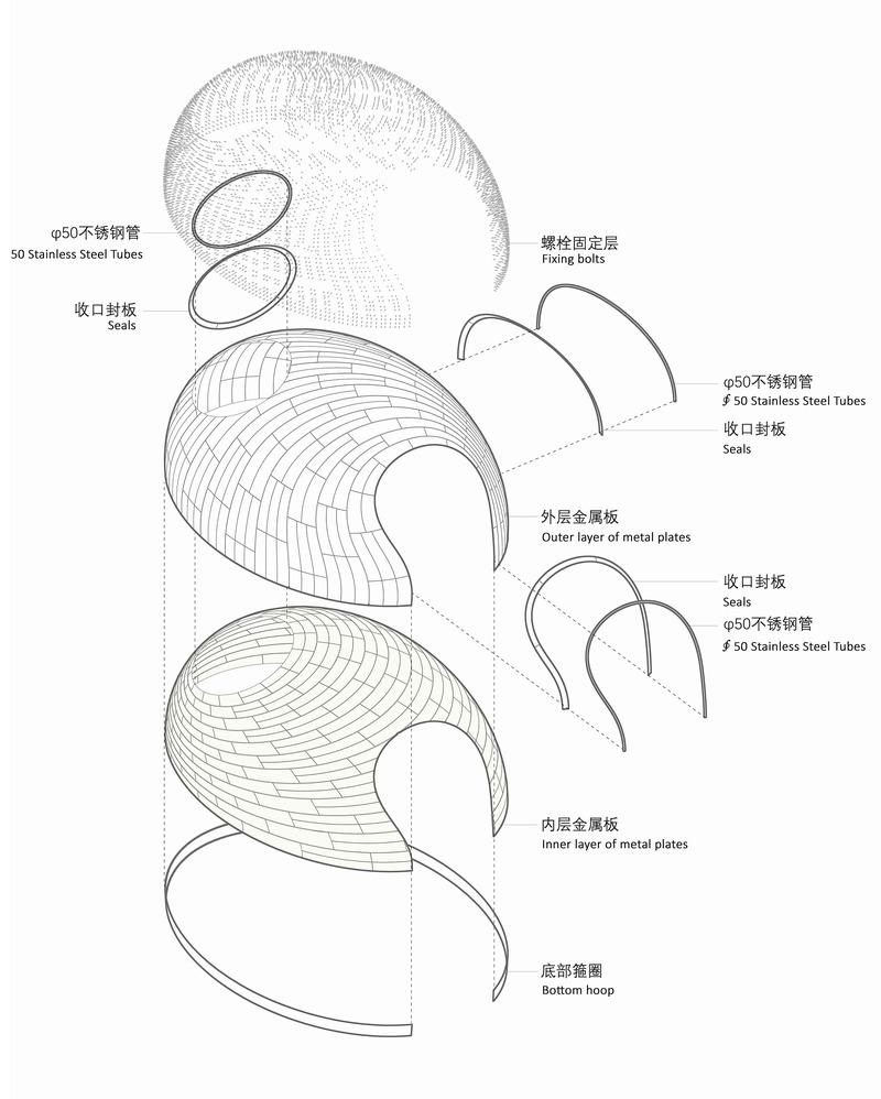 Dossier de presse | 7020-02 - Communiqué de presse | Digital Design of a Thin-Shell Metal Woven Pavilion - XISUI Design - Architecture de paysage - Explosion Diagram - Crédit photo : Explosion Diagram by XISUI Design
