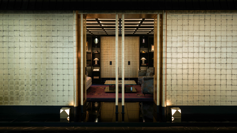 Press kit | 5577-04 - Press release | Lakeville VI Experience Space - NONG STUDIO - Real Estate -  <p class="">The heart of the space, blending ancient knowledge and healing cosmic energy, encapsulated within this unique Urban Curio Cabinet. The architecture, inspired by traditional Chinese structures and adorned with gold leaf over black gauze, harmonizes with hand-painted sky murals, expressing an endless sky.</p>  - Photo credit: Heinong